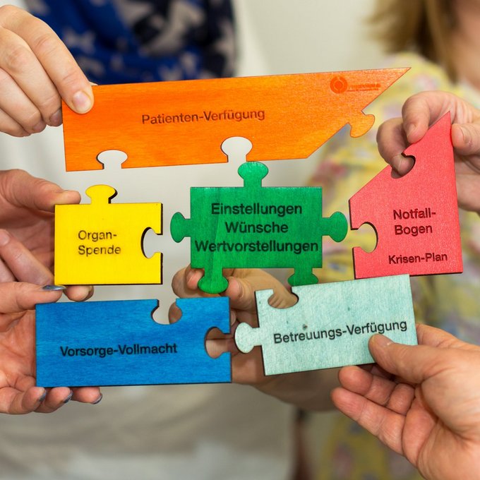 Verschiedenfarbige und beschriftete Puzzleteile werden an das mittlere Puzzleteil mit der Aufschrift 'Einstellungen, Wünsche, Wertvorstellungen' gehalten