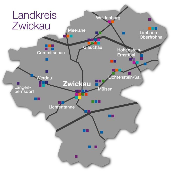 Eine Karte des Landkreis Zwickau mit den Orten, an denen Einrichtungen der Diakonie Westsachsen sind.