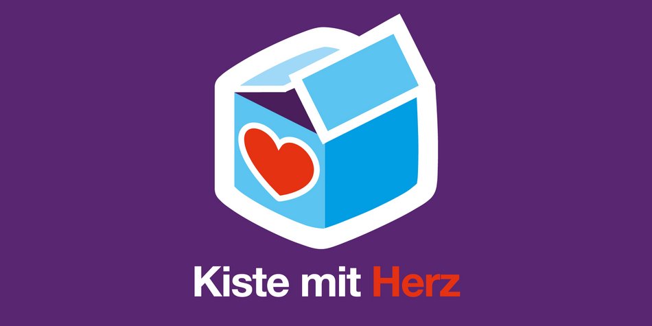 Das Logo der Aktion zeigt eine hellblaue Kiste mit rotem Herz vor einem violetten Hintergrund