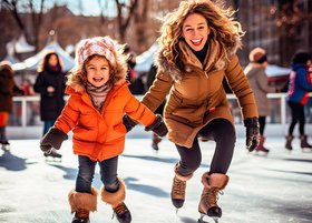 Eine Mutter und ihre Tochter fahren fröhlich auf der Eisbahn 