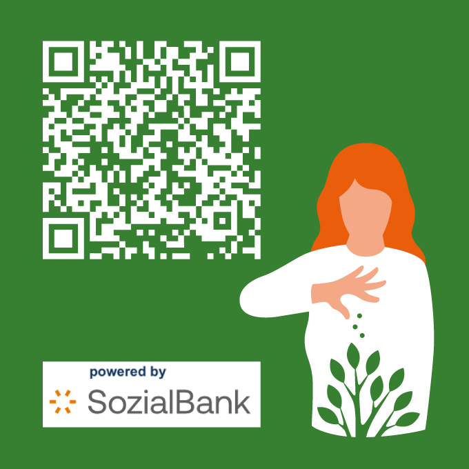 Die Grafik zeigt den QR-Code zum Spendentool und eine Symbolgrafik einer säenden Person, sowie den Sponsor Sozialbank