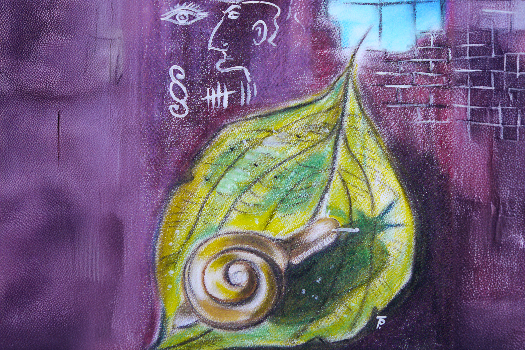 Zeichnung von blauem Himmel hinter einer dunklen Gefängniszelle und ein grünes Blatt mit einer Schnecke 